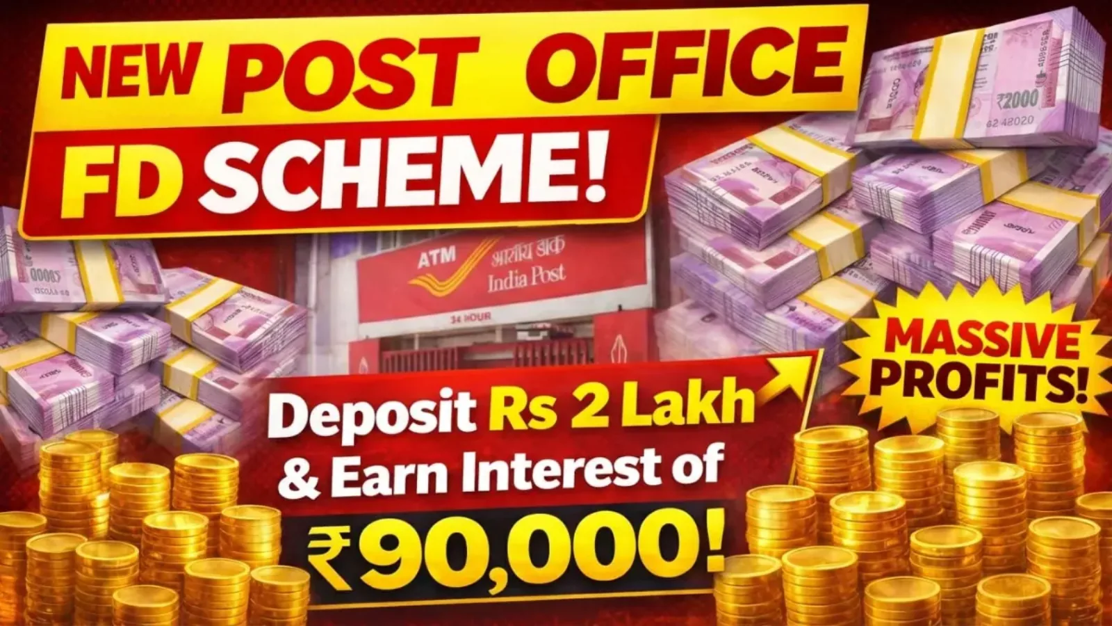 India Post branch with cash bundles and gold coins and the text Deposit Rs 2 Lakh and Earn ₹90,000, for the Post Office FD Scheme 2026 in Delhi