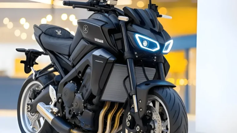 Black Yamaha MT-15 V2 streetfighter motorcycle in a showroom, Yamaha MT-15 V2 price and mileage guide for Indore riders